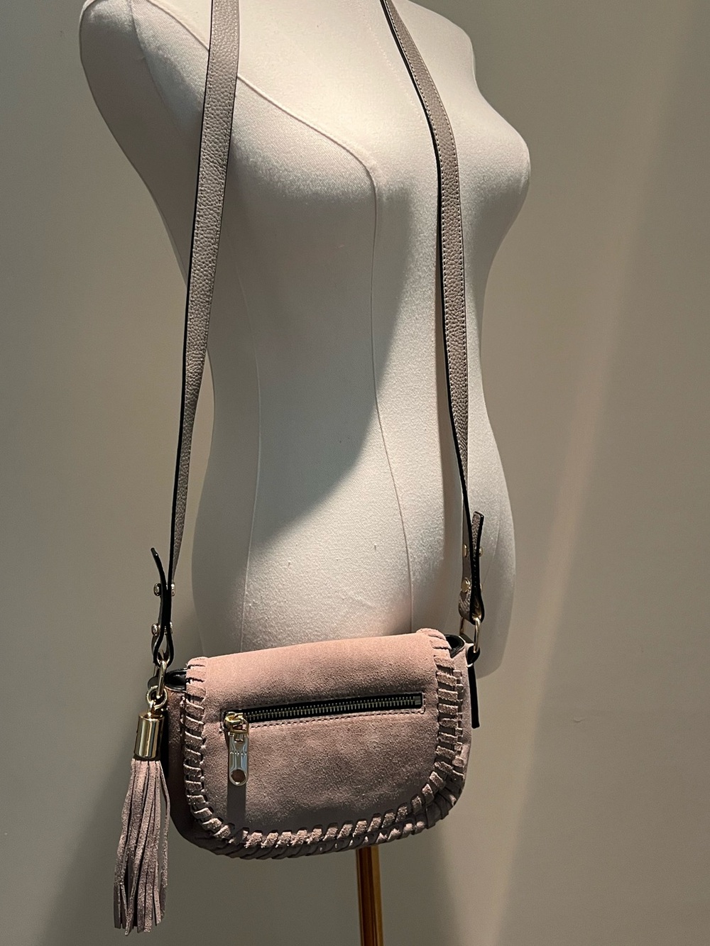 Small Milly Suede Crossbody Bag in Tan/Taupe with Tassel